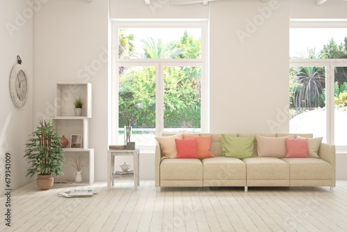 White living room with sofa and summer landscape in window. Scandinavian interior design. 3D illustration