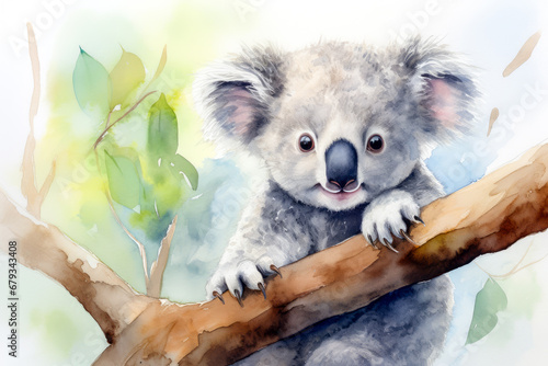 Cute koala on a branch with leaves. Watercolor illustration.