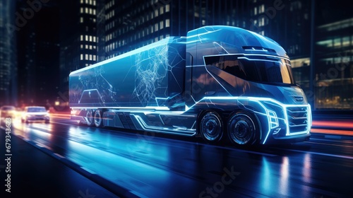 Futuristic truck with digital effects, driving at night