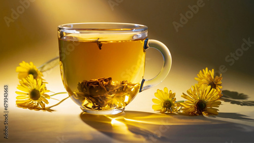 Uma xícara com chá sobre superfície amarela com flores e iluminação vinda da lateral. photo