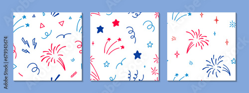Set of 4th of July USA Independence Day doodle seamless patterns. America flag blue, red and white colors. 14th of July Happy National day of France firework desig photo