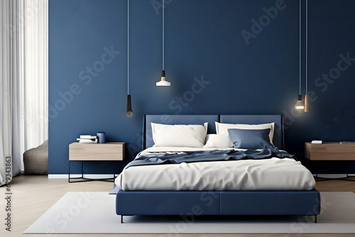  Stylish bedrooStylish bedroom interior in trendy blue.m interior in trendy blue.