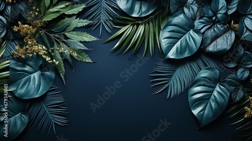 Collection of tropical leavesfoliage plant in blue AI generated illustration