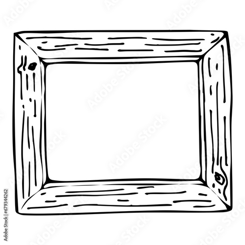 Hand drawn doodle wood frame. Black outline, rectangular photo frame.
