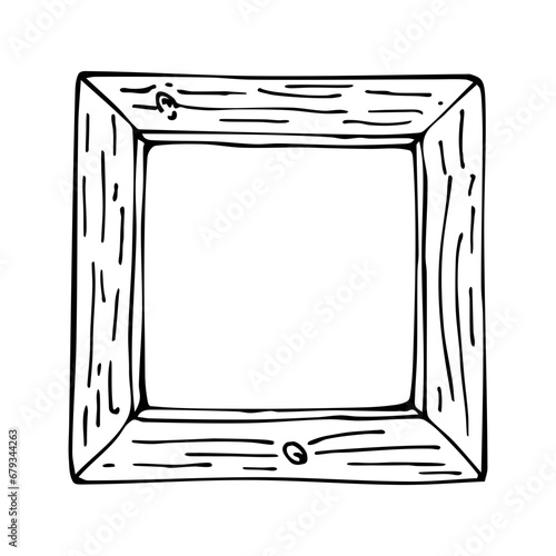 Hand drawn doodle wood frame. Black outline, square photo frame.