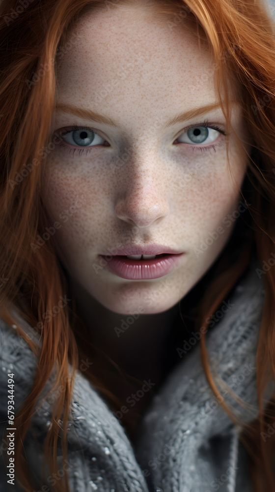 Red-Haired Woman with Freckles Looking and Posing for Photography Red-Haired Woman with Freckles Looking and Posing for Photography