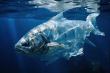 Ocean plastic pollution concept. Fish as plastic bag under water creative art