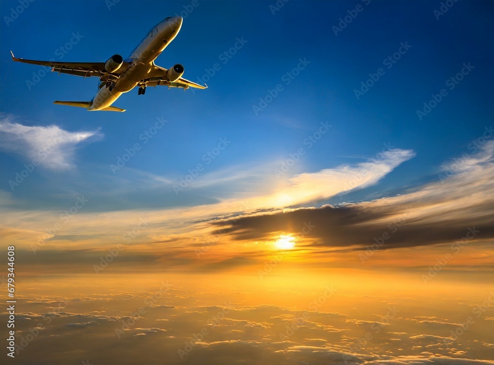 Airplane fly the sky over cloudy sky sunset, travel concept Airplane fly the sky over cloudy sky sunset, travel concept