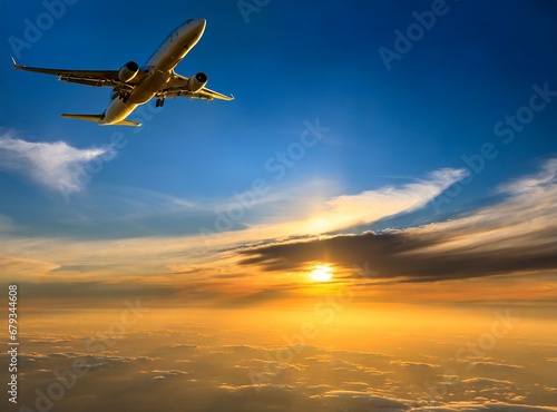 Airplane fly the sky over cloudy sky sunset, travel concept