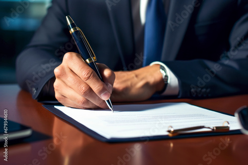 A business executive confidently signing a contract with a fountain pen.