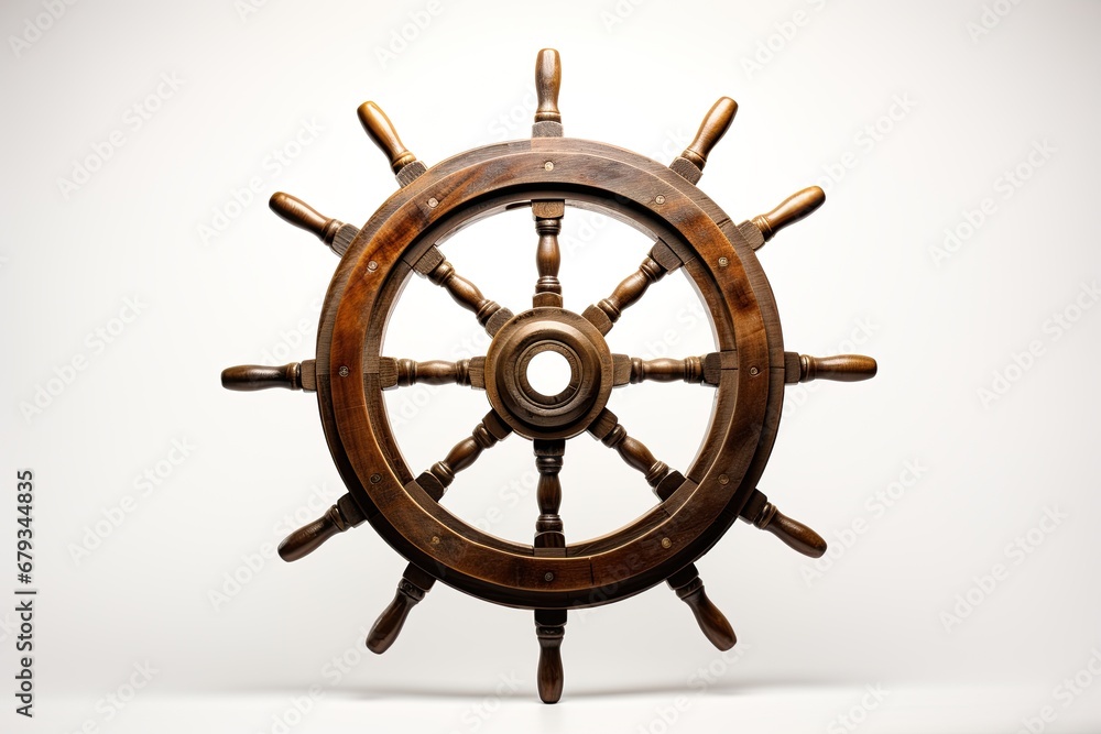 Vintage caravel ship helm. Ship's rudder or steering wheel on white background. Ai generative