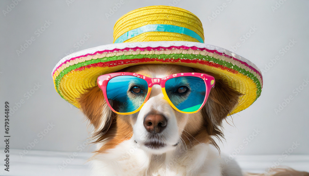 funny party dog wearing colorful summer hat and stylish sunglasses white background ai generated