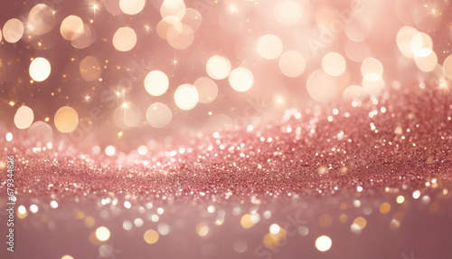 rose pink glitter with gold sparkles background defocused abstract christmas lights on background photo