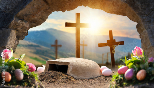crucifixion and resurrection empty tomb of jesus with crosses in the background easter or resurrection concept he is risen happy easter