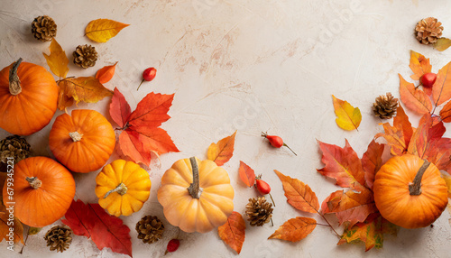 fall background with orange pumpkins and fall leaves on a light surface generative ai