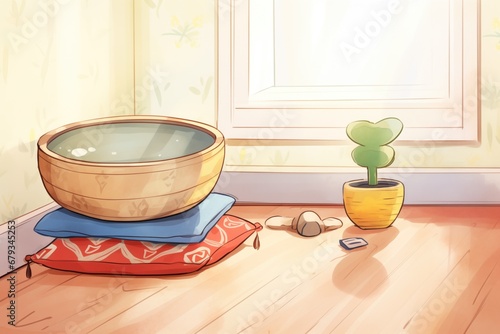 a clear singing bowl resting on a cushion in a meditation corner