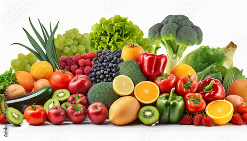 wide collage of fresh fruits and vegetables for layout isolated on white background