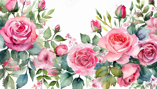 watercolor pink rose romantic flower border illustration