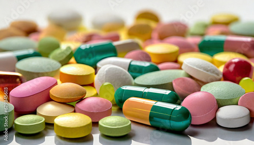 scattered colorful pills drugs against white background