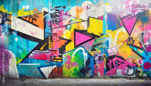 walls in the form of collage work in the style of spray paint art covered with graffiti of different colors and styles