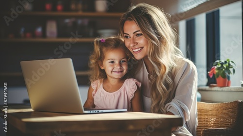 modern parenting: happy freelancer mother with daughter using a laptop at home. photo