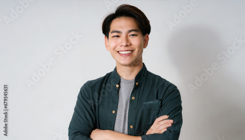 portrait smile and asian man with arms crossed casual fashion and confident guy against a white studio background face male person and japanese model with happiness aesthetic and stylish outfit photo