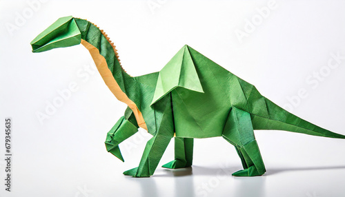 green dinosaur brachiosaurus of origami isolated on white background