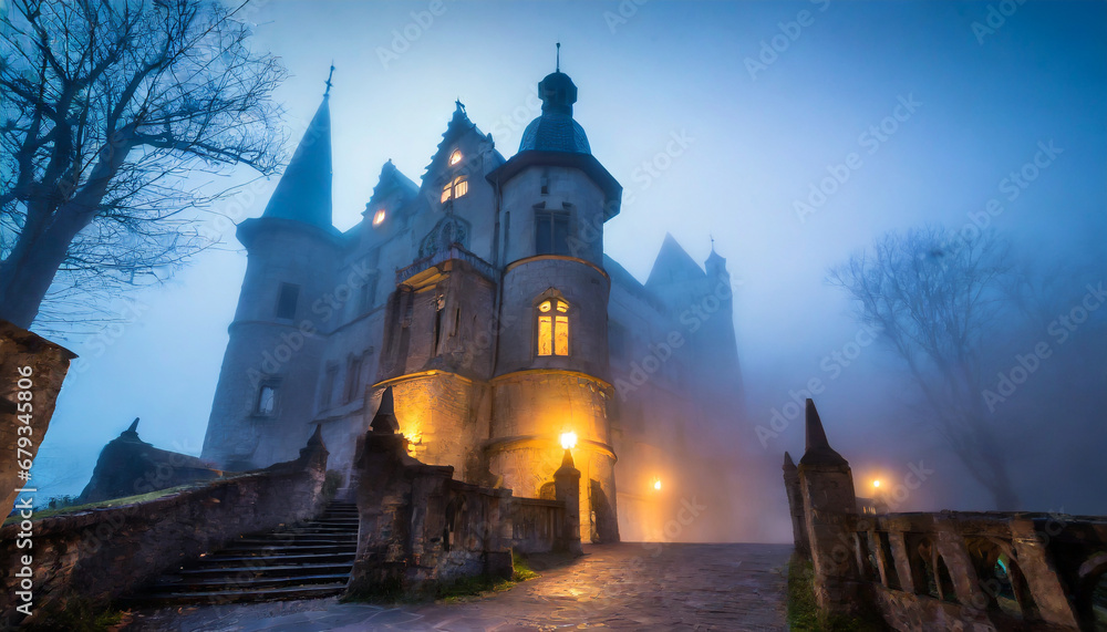 spooky old gothic castle foggy night haunted mansion