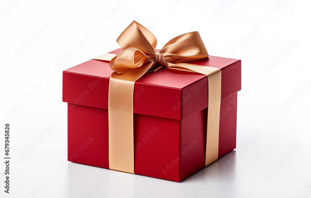 Obraz premium Red holiday gift box with golden ribbon isolated on white background. Valentine's day, wedding, anniversary, birthday present