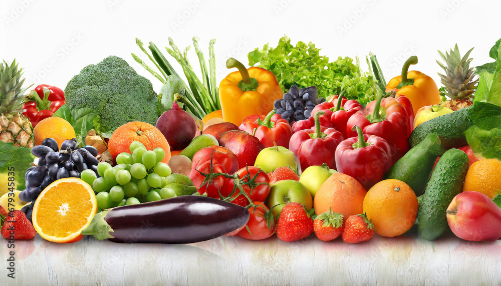 wide collage of fresh fruits and vegetables for layout isolated on white background
