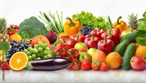 wide collage of fresh fruits and vegetables for layout isolated on white background