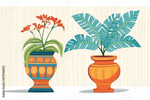 decorative plant in terracotta pot beside one in plastic pot