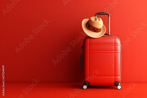red colorful travel bag with straw hat and sunglasses isolated on red.