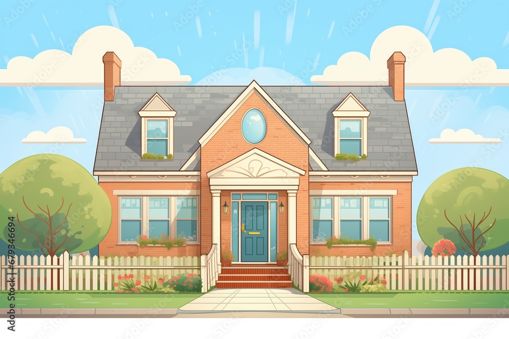 familys cape cod home with brick pillars and wooden doors, magazine style illustration