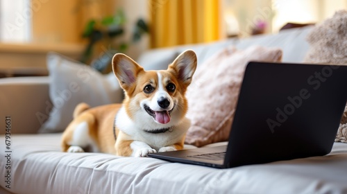 modern living: smiling woman with a laptop, accompanied by her Pembroke Welsh Corgi at home.