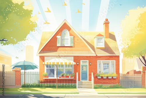 sunlight falling on a red brick cape cod home, magazine style illustration