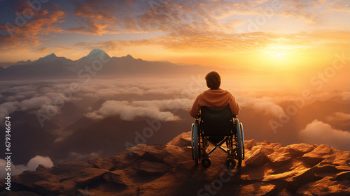 disabled man on wheelchair at sunset on mountain background.