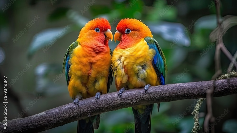 Fototapeta premium Picture of Two Sun Parakeets Celebrating Valentine's Day on a Branch