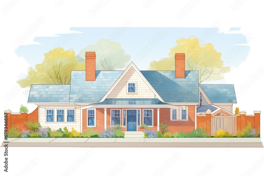 cape cod house with side gable roof and a brick walkway, magazine style illustration