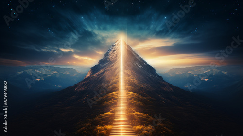 The concept of success. Light path rises to the top of the mountain