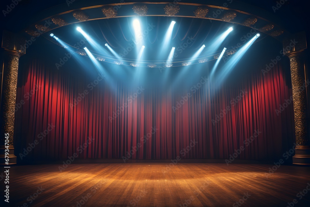 Magic theater stage red curtains Show Spotlight.