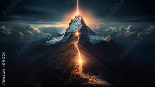 The concept of success. Light path rises to the top of the mountain