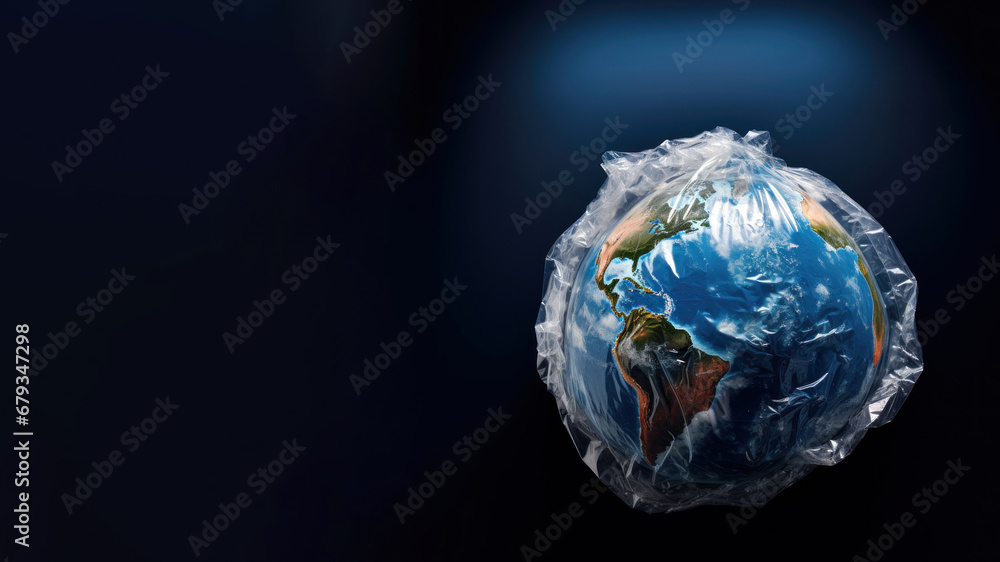 Fototapeta premium Plastic pollution concept. Earth globe wrapped up in plastic bag creative background with copy space for text