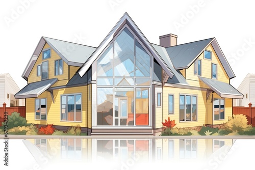 mirrored image of a cape cod house with a side gable roof, magazine style illustration