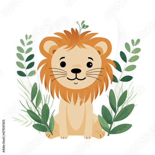 Leão fofo com plantas verdes isolado no fundo branco - Ilustração infantil