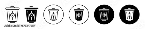 Delete icon set. waste trash bin vector symbol. garbage wastebasket sign. uninstall button in black filled and outlined style.