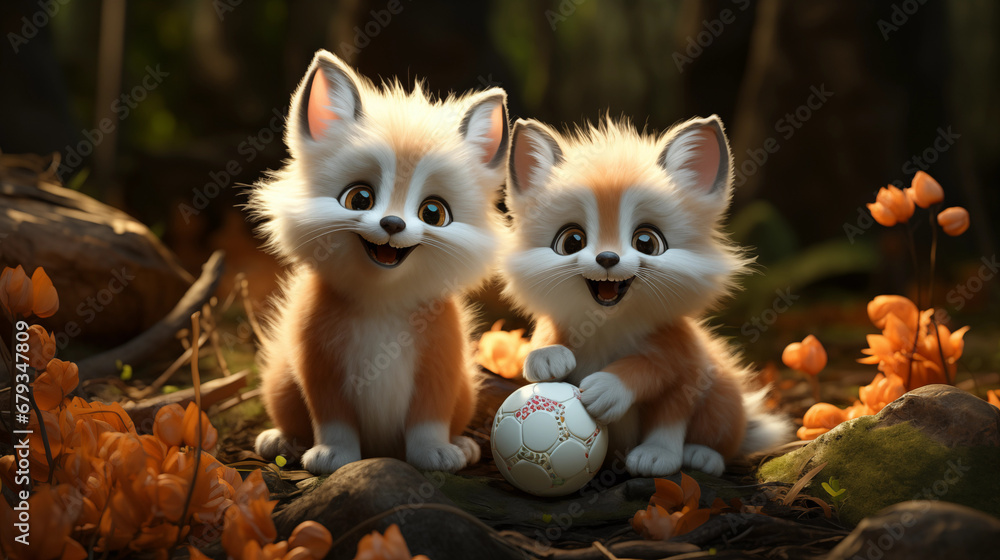 Dois filhotes de raposa branca brincando com bola na floresta ...