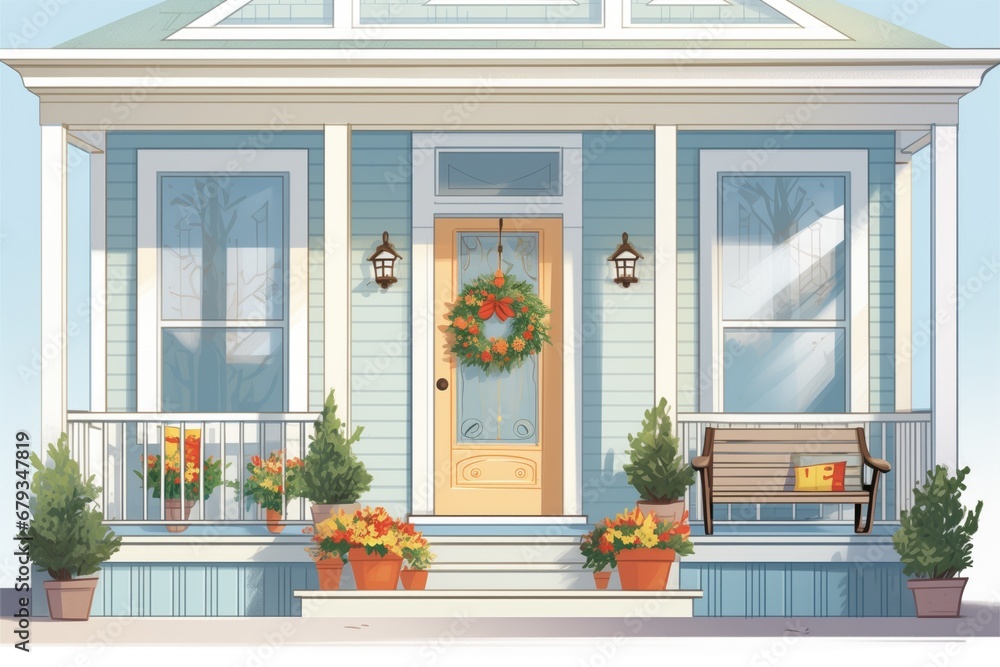close-up of cape cod homes porch with decorative door wreath, magazine style illustration