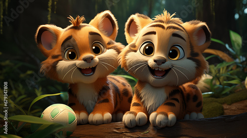 Dois filhotes de tigre brincando com uma bola na floresta - Ilustração infantil 3d  photo