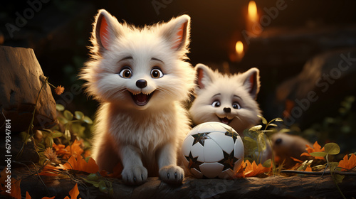 Dois filhotes de raposa branca brincando com bola na floresta - Ilustração infantil 3d  photo